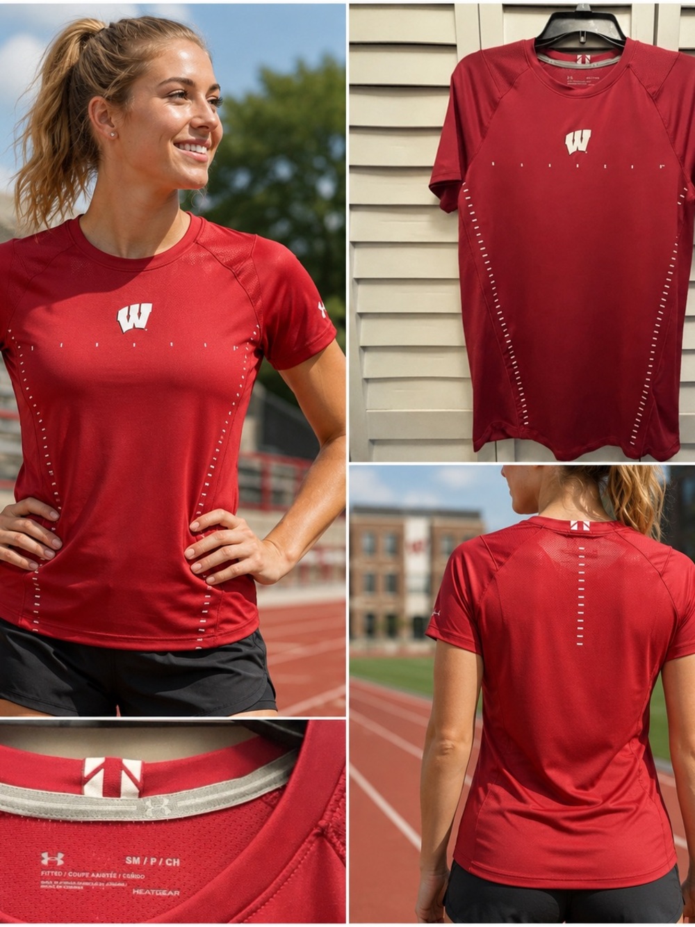 Under Armour Shirt Adult Small Red Wisconsin Badgers Mesh HeatGear Reflective